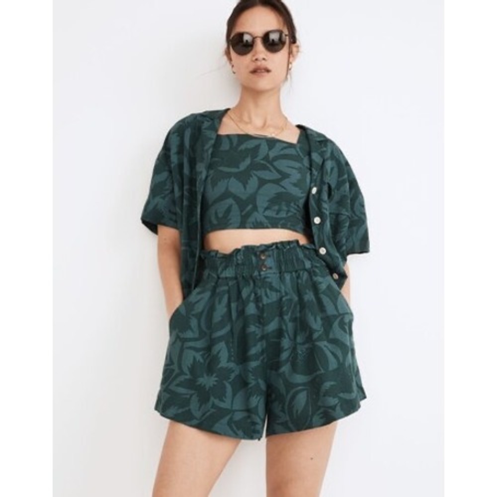 Madewell Linen-Blend Pull-On Paperbag Shorts Tropicale Floral Green XL NF060